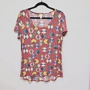 LuLaRoe Classic Deep Scoop Neck Tee, Geometric Pink & Multicolor, Size Large